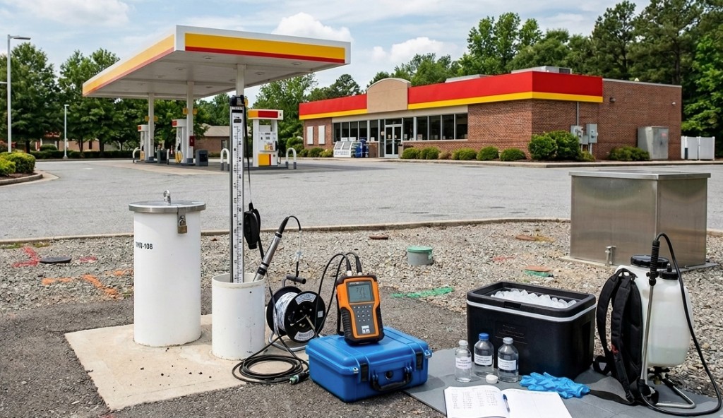 Groundwater monitoring well sampling equipment and field instruments staged at a gas station site assessment